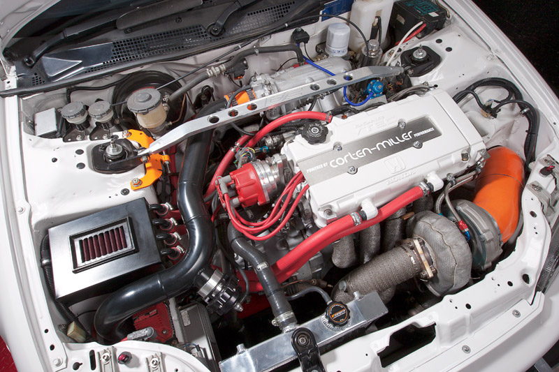 Engine bay of the Corten-Miller project car