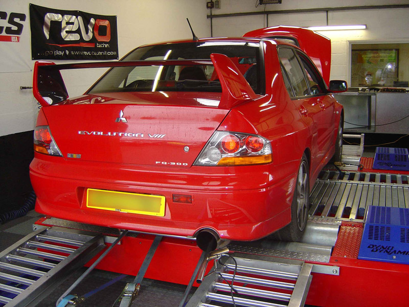 Mitsubishi Lancer Evolution strapped to the rolling road