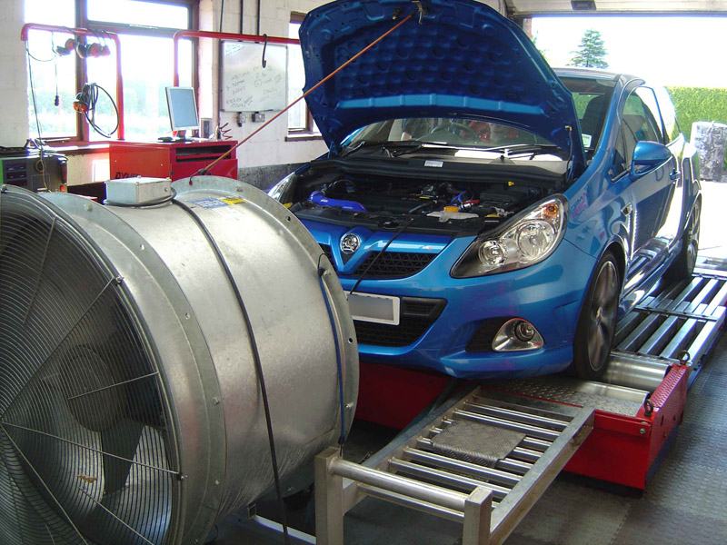 Vauxhall Corsa VXR in the Corten-Miller dyno cell, with the cooling fan in place