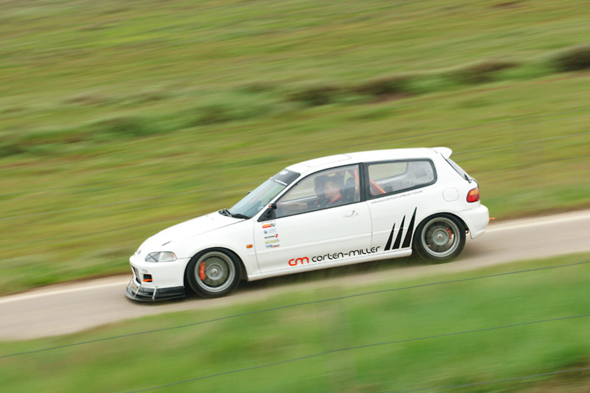 The Corten-Miller project Honda Civic at speed on a Lincolnshire road